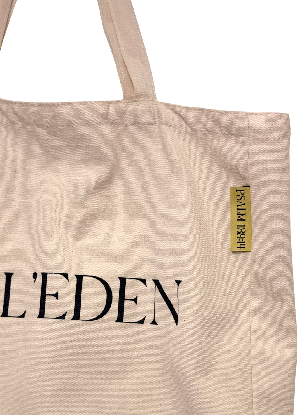 Sol'Eden Tote — Psalm 139:14 label close-up