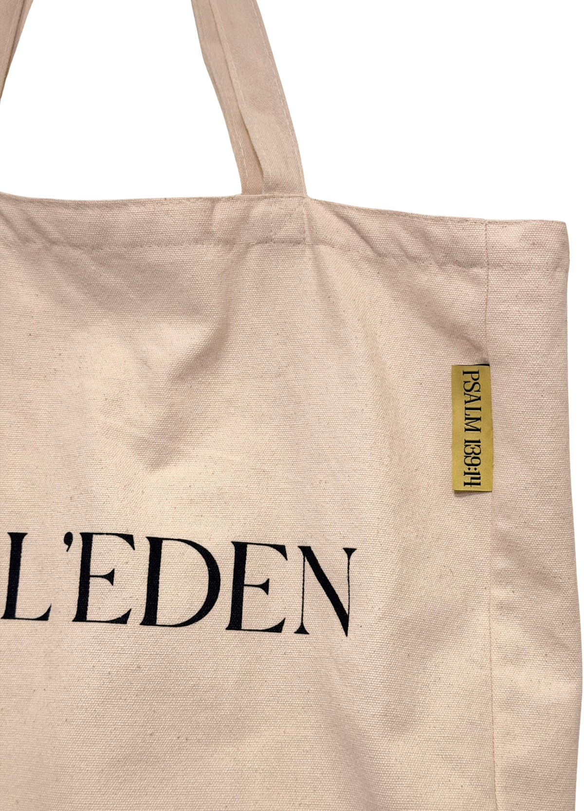 Sol'Eden Tote — Psalm 139:14 label close-up